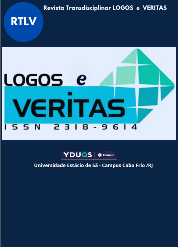 Logo da Revista Transdisciplinar Logos e Veritas, com ISSN, com fundo azul escuro e letras brancas  e uma caixa branca com letras azul escuro junto a figura de um diamante na cores azul claro, verde e branco