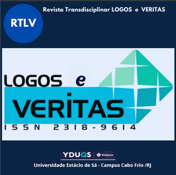 Logo da Revista Transdisciplinar Logos e Veritas, com ISSN, com fundo azul escuro e letras brancas  e uma caixa branca com letras azul escuro junto a figura de um diamante na cores azul claro, verde e branco