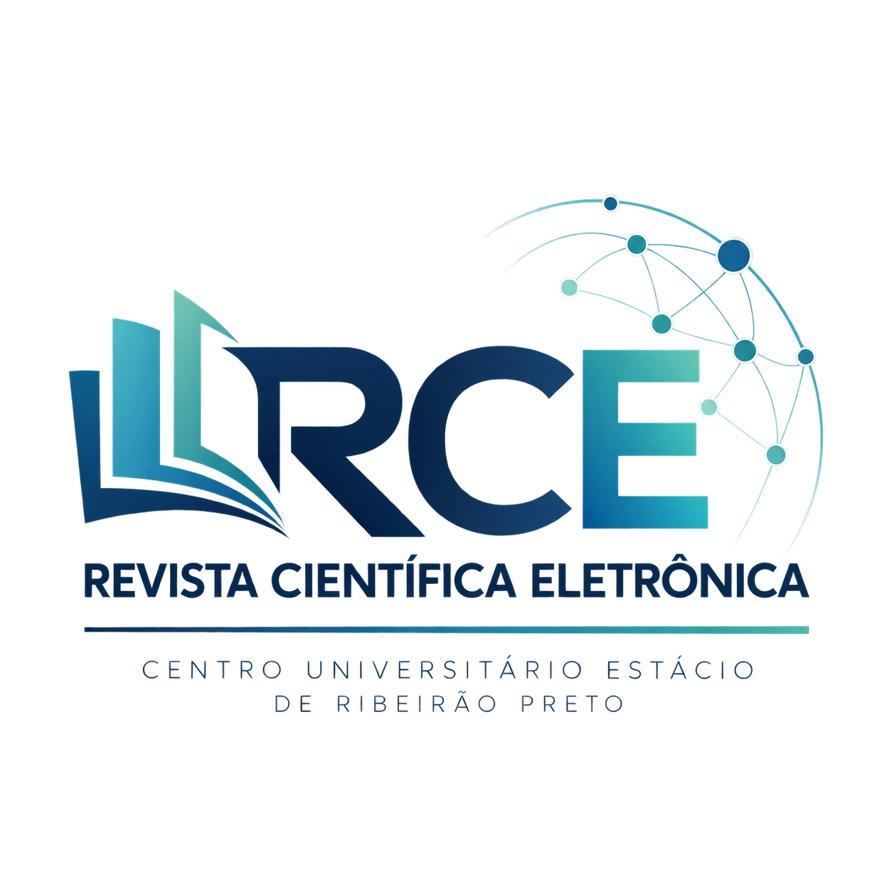Logotipo da Revista Científica Eletrônica (RCE) do Centro Universitário Estácio de Ribeirão Preto, com livro aberto estilizado e elementos gráficos representando ciência, conhecimento e conexão